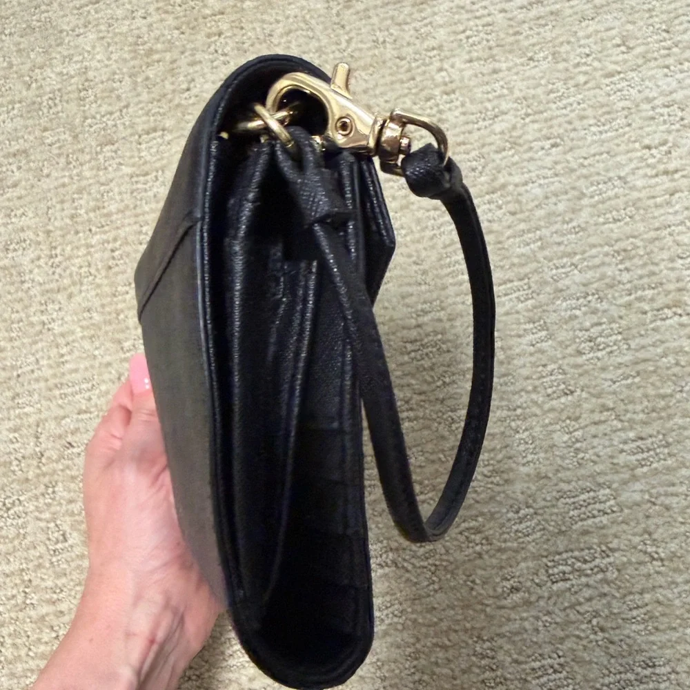 Tory Burch Black Saffiano Envelope Wristlet with Gold Logo